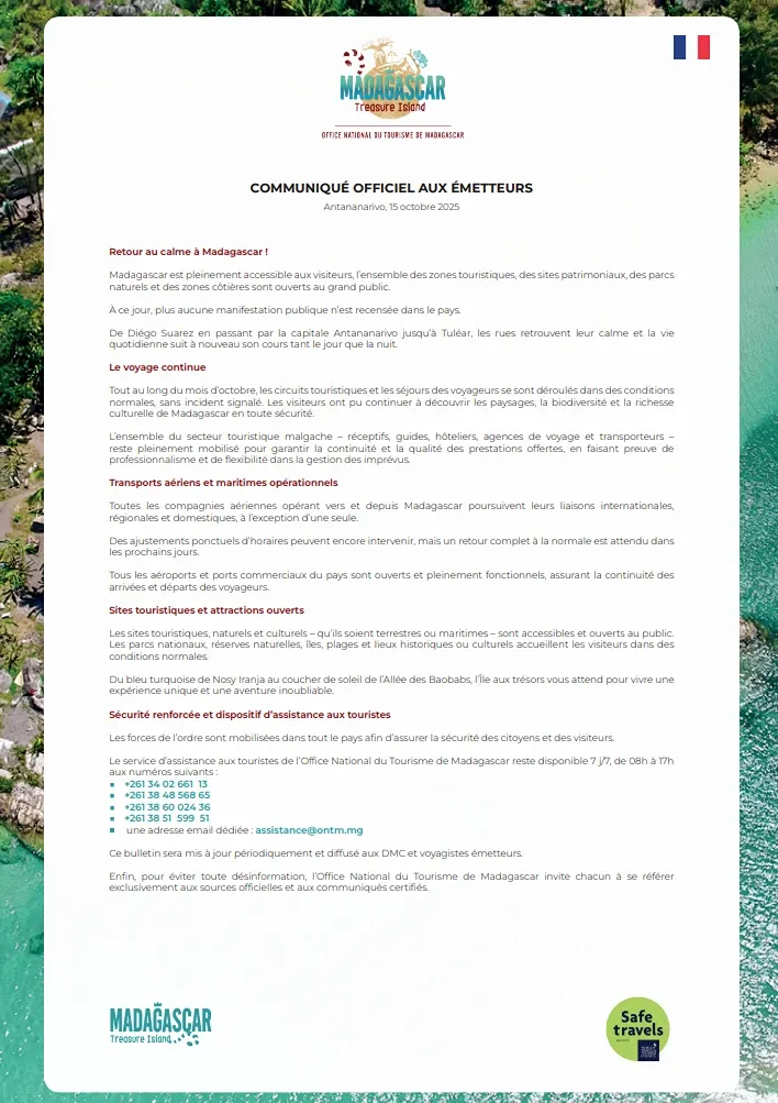 Official communication on the tourist security situation in Madagascar